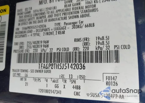 2018 Ford Mustang Ecoboost z USA, uszkodzony, nr VIN 1FA6P8TH5J5142036